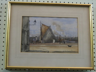 19th Century watercolour "Quay with Moored Tugs etc" indistinctly signed, the reverse with Laurence Oxley Gallery label 6" x 9"