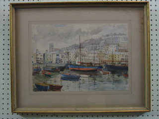 Watercolour drawing "Brixham Harbour" 10" x 14" the reverse with label
