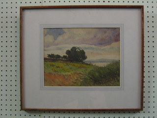 A Alban Wallis, watercolour "Country Scene with Trees and Mountains in Distance" 9" x 11"