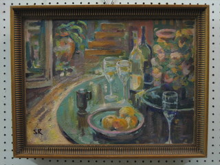 Impressionist oil on canvas "Dining Table with Glasses, Bottle of Wine etc" 12" x 15 1/2", monogrammed SR