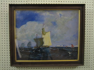 Oil on board "Sea Scape with Boats off Dover?" 15" x 19"
