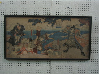 A 19th Century Japanese print "Warriors and Figures" with various signatures 14" x 27"