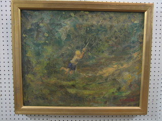 W Randell, impressionist oil on canvas "Boy Singing in Trees" 16" x 20", the reverse with remainder of Royal Institute Gallery label