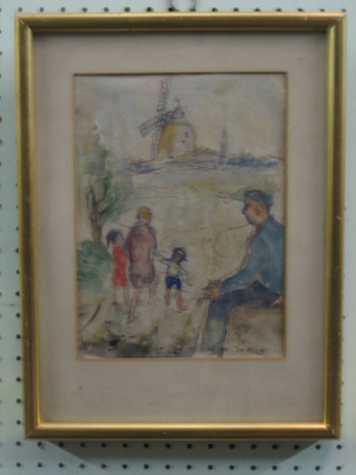 Dutch watercolour "Seated Figure by a Windmill" indistinctly signed and labelled to the reverse 9" x 7"