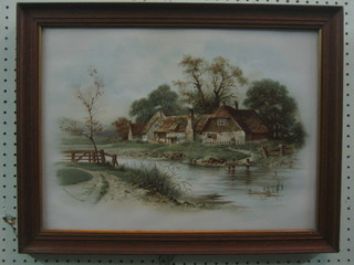 A 19th Century coloured print "Rural Scene with Figures" 14" x 19" contained in an oak frame
