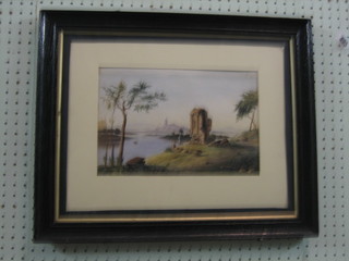 A 19th Century watercolour "Ruined Folly by a Lake with Mountains in the Distance" monogrammed H C B T 8" x 12"