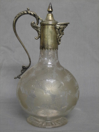 A Victorian etched glass claret ewer with silver plated mount