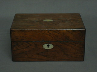A Victorian rosewood trinket box with hinged lid, inlaid a mother of pearl panel to the top and escutcheon 8"
