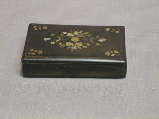 A 19th Century horn snuff box with hinged lid, the lid inlaid gold and mother of pearl flowers 3 1/2" (hinge f)