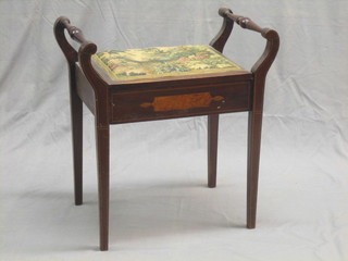 An inlaid mahogany box seat piano stool with hinged lid