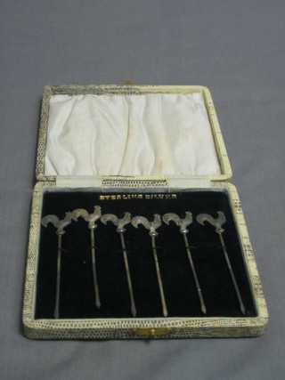 6 silver cocktail sticks, the finials in the form of cockerels, cased