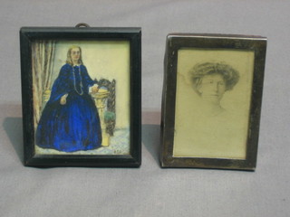 A Sterling silver easel photograph frame 3 1/2" x 3 1/2" and a miniature portrait on ivory of a standing lady 3" x 2"