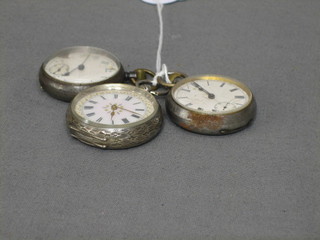 An  open faced fob watch contained in a silver case and 2 others in gun metal cases