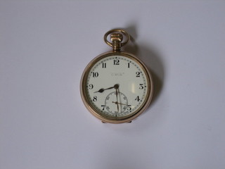 A gentleman's open faced pocket watch by J W Benson contained in a 9ct gold half hunter case
