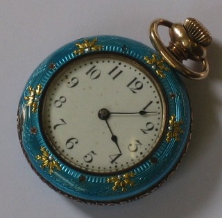 A lady's open faced fob watch contained in a gilt metal and blue enamel case
