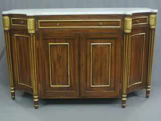 A 20th Century Georgian style simulated rosewood sideboard of shaped outline with white veined marble top, the base fitted 1 long drawer above a double cupboard 51"