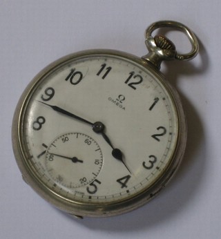 A gentleman's Omega open faced pocket watch with Arabic numerals contained in a silver plated open faced case