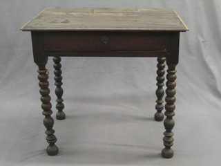 An 18th Century oak low boy, fitted a drawer, raised on bobbin turned supports 30" (side pieces to top missing)