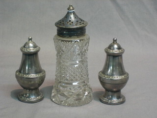 A cut glass sugar castor with silver plated collar 5" and 2 modern silver plated salt and pepper pots