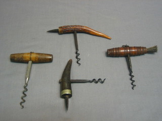 A 19th Century steel corkscrew with brush, 3 other corkscrews