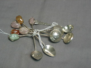4 Continental silver spoons, the bowls formed from coins with hardstone decoration, 2 silver spoons and a silver condiment spoon