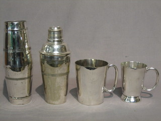 2 silver plated cocktail shakers and 2 silver plated tankards 