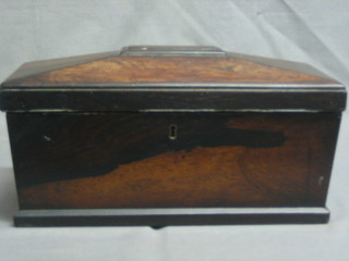 A 19th Century sarcophagus shaped rosewood caddy with hinged lid 13" (interior missing)