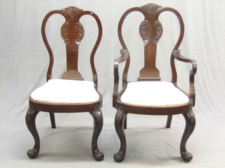 A set of 4 19th Century Queen Anne style splat back dining chairs with carved splat backs and upholstered seats, raised on cabriole supports - 2 carvers, 2 standard