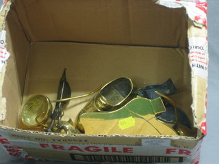 4 Victorian brass ornaments in the form of shoes, a brass candle snuffer, 3 brass models of mice etc