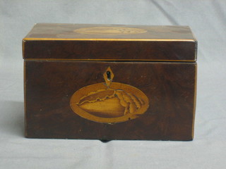 A 19th Century rectangular mahogany tea caddy, the lid and front panel inlaid a shell 8"