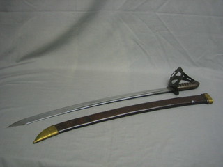 A Dutch? sabre with 24" curved blade and open basket work guard, complete with leather scabbard marked CWN 1030