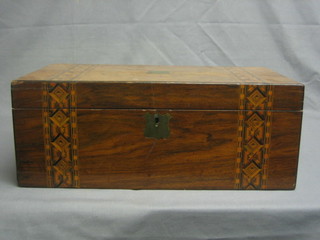 A Victorian rectangular mahogany writing slope with hinged lid, converted for use as a work box with inlaid banding, 18"