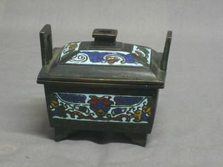 A 19th Century Eastern bronze twin handled jar and cover with cloisonne decoration 4"