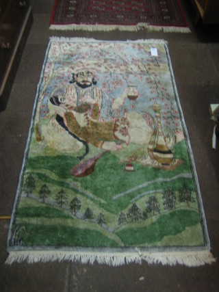 A contemporary Persian picture rug depicting a standing man with glass and seated lady 68" x 37"