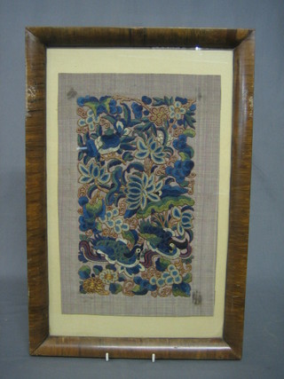 An Eastern embroidered stitch work picture of birds amidst branches 15" x 10"