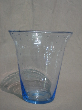A Whitefriars blue bubble glass trumped shaped vase 8"