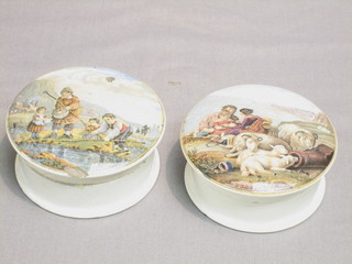 2 19th Century circular Prattware pot lids and bases Peace and 1 other decorated  a Shrimping scene 4" (shrimping scene chipped to top)