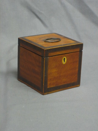 A 19th Century satinwood and crossbanded mahogany caddy with ivory escutcheon and hinged lid 4"