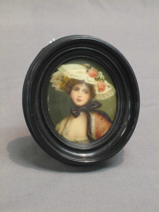 A portrait miniature on porcelain panel, head and shoulders portrait "Bonnetted Lady" 3"