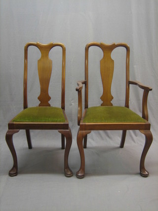 A set of 6 walnut Queen Anne style splat back dining chairs  with upholstered drop in seats, raised on cabriole supports