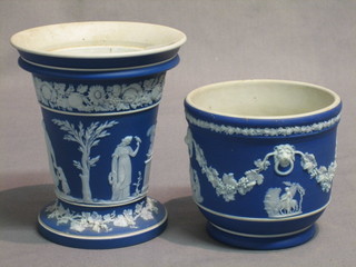 A Wedgwood blue Jasperware trumpet shaped vase 5 1/2" (missing spreader) and a Wedgwood jardiniere 3 1/2"