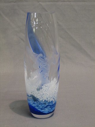 A blue Caithness Art Glass vase etched Mickey Mouse and a scene from Fantasia 9"