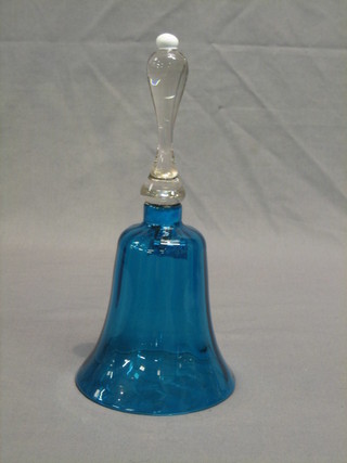 A Victorian blue glass bell with clear glass handle (no clatter) 10"