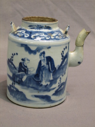 An Oriental blue and white porcelain teapot decorated Sage 7" (spout f and r)
