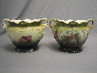 A pair of pottery twin handled jardinieres 10" (1f)
