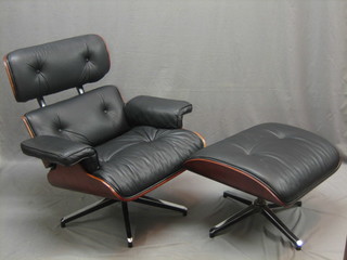 An Eames style teak and chrome revolving chair upholstered in black leather together with a matching stool (stool f and r)