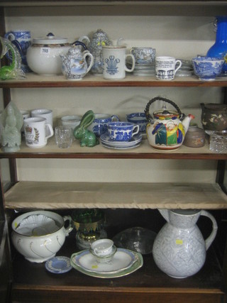 A pottery wash bowl, a pottery chamber pot, a cut glass powder bowl 5", a Bourne Denby figure of a rabbit (foot chipped) and a collection of decorative ceramics