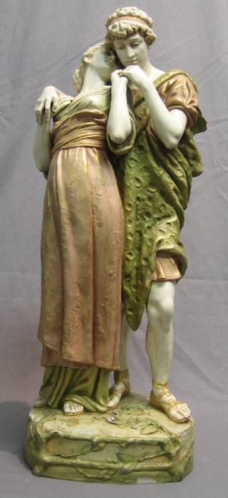 A 19th Century Royal Dux figure of a classical lady and gentleman, the base with pink Royal Dux triangular mark and with crest 1498 28"