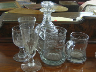 A cut glass club shaped decanter and stopper 9", 3 antique glasses, 2 pint tankards and 2 glass shades