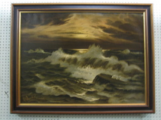 Oil on canvas "Moonlit Seascape with Heavy Sea" 22" x  30"